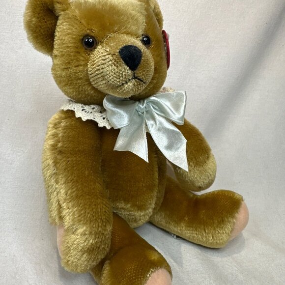 Schuco Jointed Teddy Bear Brown Purring Sound Hang Tag 11" W/ Bow Ruffle - Picture 2 of 7